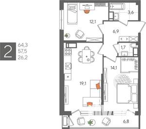 2-к квартира, вторичка, 64м2, 24/24 этаж
