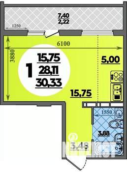 Студия квартира, строящийся дом, 30м2, 12/16 этаж