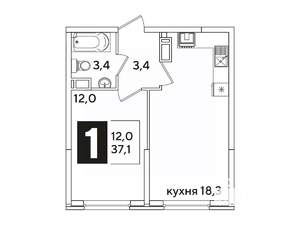1-к квартира, вторичка, 37м2, 11/16 этаж