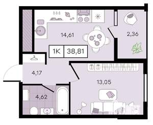 1-к квартира, вторичка, 39м2, 8/8 этаж