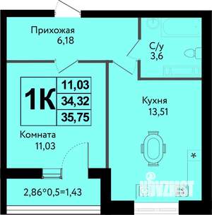 1-к квартира, вторичка, 36м2, 2/12 этаж