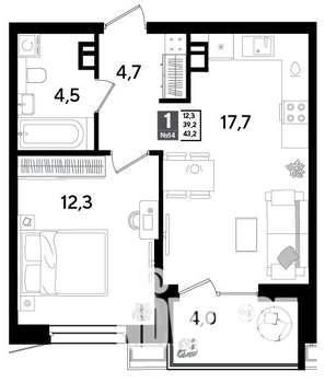 1-к квартира, строящийся дом, 43м2, 9/18 этаж