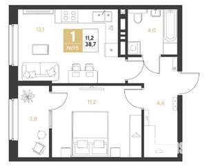 1-к квартира, строящийся дом, 39м2, 5/8 этаж