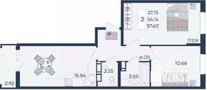 2-к квартира, вторичка, 58м2, 12/18 этаж