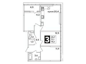 3-к квартира, вторичка, 75м2, 16/16 этаж