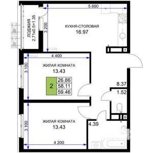 2-к квартира, вторичка, 59м2, 6/18 этаж