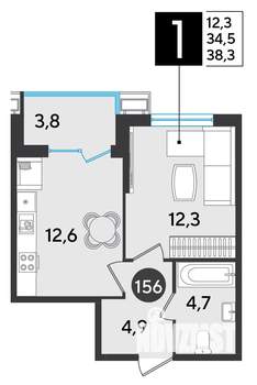 1-к квартира, строящийся дом, 38м2, 2/9 этаж