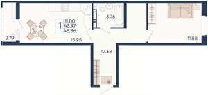 1-к квартира, вторичка, 45м2, 6/18 этаж