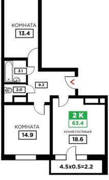 2-к квартира, вторичка, 65м2, 16/24 этаж