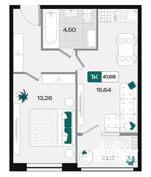 1-к квартира, вторичка, 42м2, 12/18 этаж
