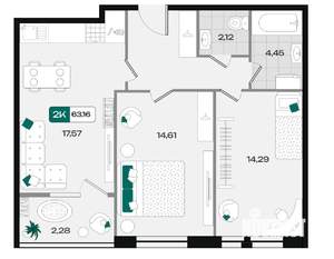2-к квартира, вторичка, 63м2, 15/18 этаж