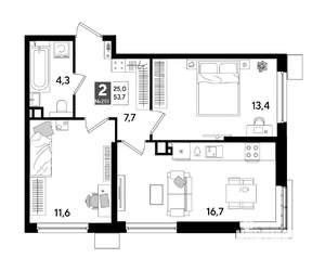 2-к квартира, строящийся дом, 54м2, 9/19 этаж