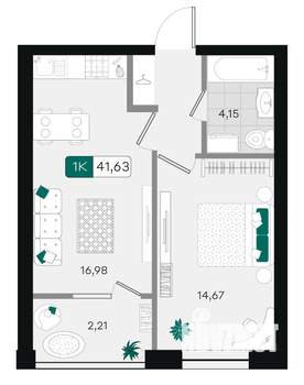 1-к квартира, вторичка, 42м2, 6/18 этаж