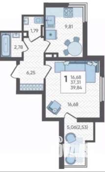 1-к квартира, вторичка, 40м2, 17/19 этаж