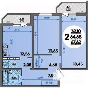 2-к квартира, строящийся дом, 68м2, 2/16 этаж