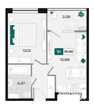 1-к квартира, вторичка, 36м2, 12/18 этаж