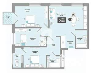 3-к квартира, вторичка, 89м2, 4/9 этаж