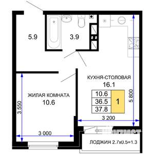 1-к квартира, вторичка, 38м2, 6/16 этаж