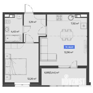 1-к квартира, строящийся дом, 46м2, 2/5 этаж