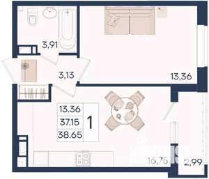 1-к квартира, вторичка, 39м2, 15/18 этаж