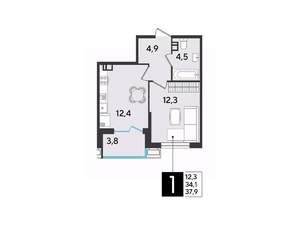 1-к квартира, вторичка, 38м2, 9/9 этаж