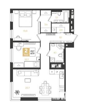 2-к квартира, строящийся дом, 68м2, 8/18 этаж