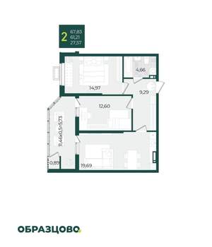 2-к квартира, вторичка, 68м2, 19/21 этаж