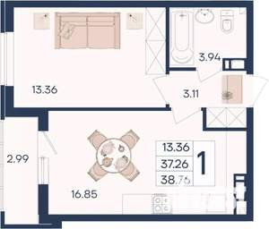 1-к квартира, вторичка, 39м2, 7/18 этаж