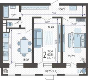 2-к квартира, строящийся дом, 68м2, 11/12 этаж