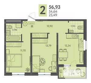 2-к квартира, вторичка, 57м2, 12/18 этаж