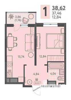 1-к квартира, вторичка, 39м2, 3/18 этаж