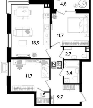 2-к квартира, вторичка, 64м2, 7/18 этаж
