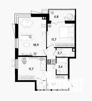 2-к квартира, вторичка, 64м2, 7/18 этаж
