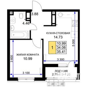 1-к квартира, строящийся дом, 35м2, 15/18 этаж
