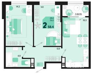 2-к квартира, строящийся дом, 57м2, 11/18 этаж