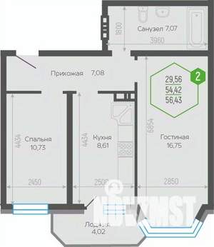 2-к квартира, вторичка, 56м2, 13/19 этаж