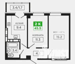 2-к квартира, вторичка, 48м2, 3/18 этаж