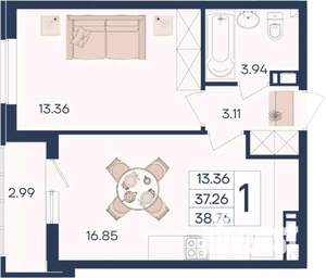 1-к квартира, вторичка, 39м2, 9/18 этаж
