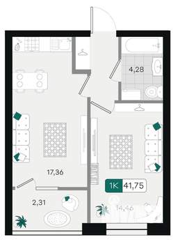 1-к квартира, вторичка, 42м2, 3/18 этаж