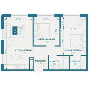 2-к квартира, вторичка, 58м2, 16/18 этаж