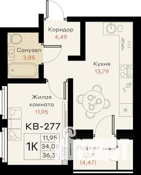 1-к квартира, вторичка, 36м2, 16/18 этаж