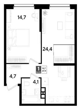 1-к квартира, строящийся дом, 48м2, 7/16 этаж