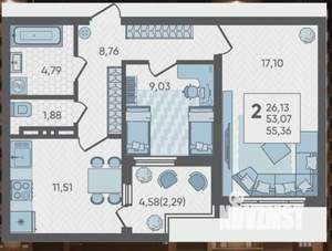 2-к квартира, вторичка, 55м2, 16/19 этаж