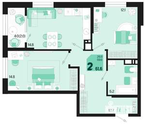 2-к квартира, вторичка, 62м2, 15/18 этаж