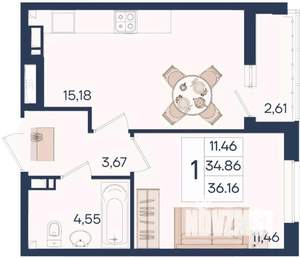 1-к квартира, вторичка, 36м2, 9/18 этаж