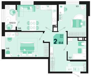 2-к квартира, строящийся дом, 60м2, 3/18 этаж