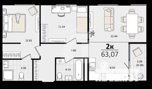 3-к квартира, вторичка, 63м2, 5/18 этаж