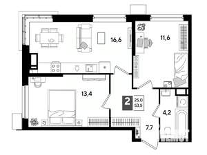 2-к квартира, строящийся дом, 54м2, 13/16 этаж