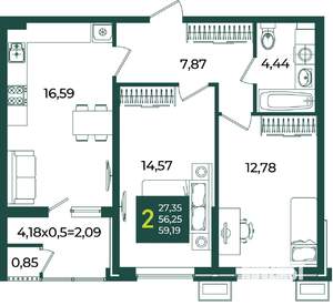 2-к квартира, вторичка, 59м2, 2/18 этаж