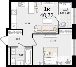 1-к квартира, строящийся дом, 39м2, 15/16 этаж